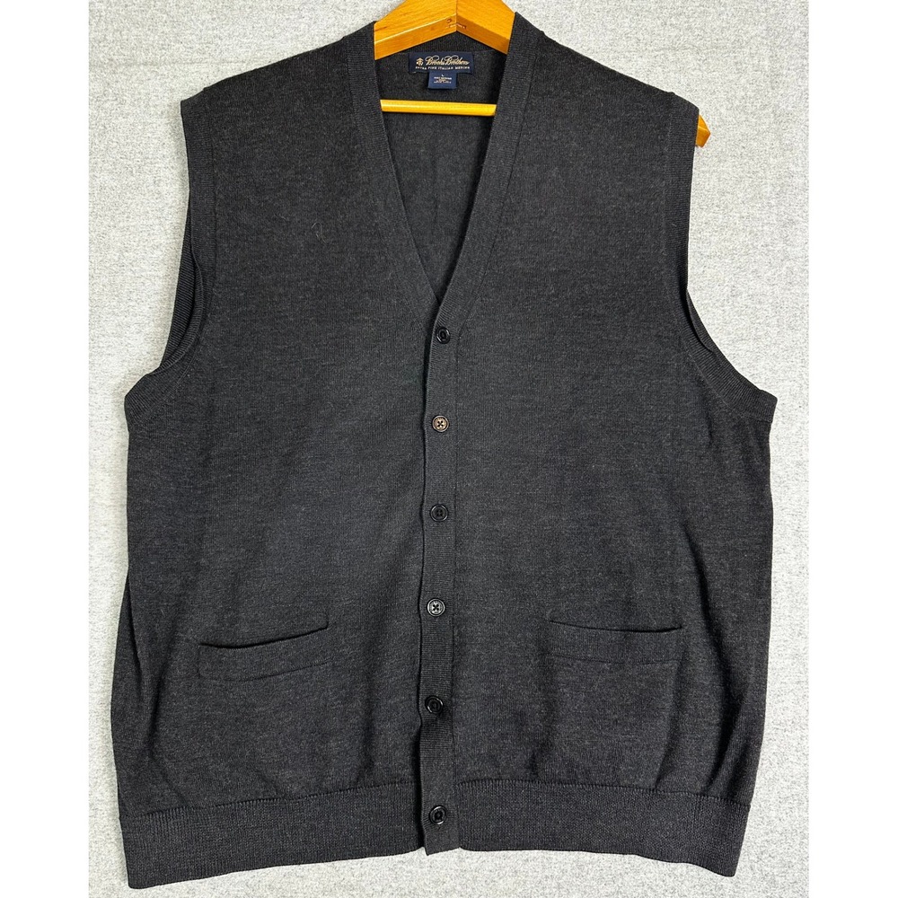 VTG Brooks Bros Cardigan Sweater Vest L Grey Extra Fine Italian Merino Wool